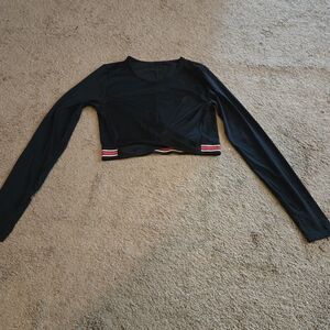Fabletics Black Long Sleeve Crop Top with Red and White Stripes